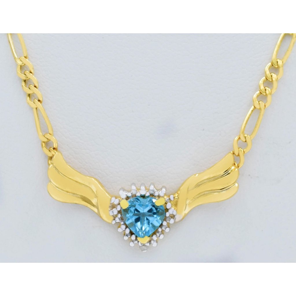Genuine 1.16 Cts Blue Topaz & Diamond Heart Necklace 10k Gold